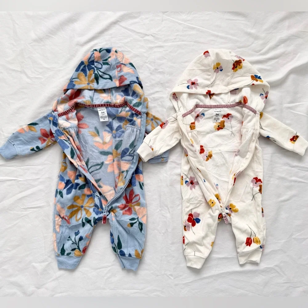 Carters Bundle | 2 Infant Girls Fleece Zip Hooded Jumpsuit | 3 months | Floral